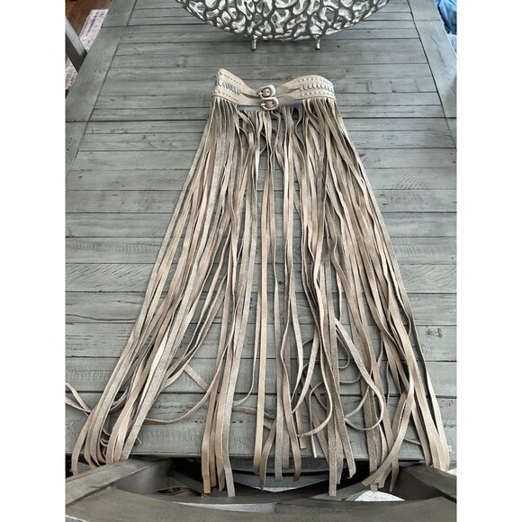 STREETS AHEAD Fringe Studded Long Leather Belt Festival Beige Silver Size Small - Picture 7 of 11